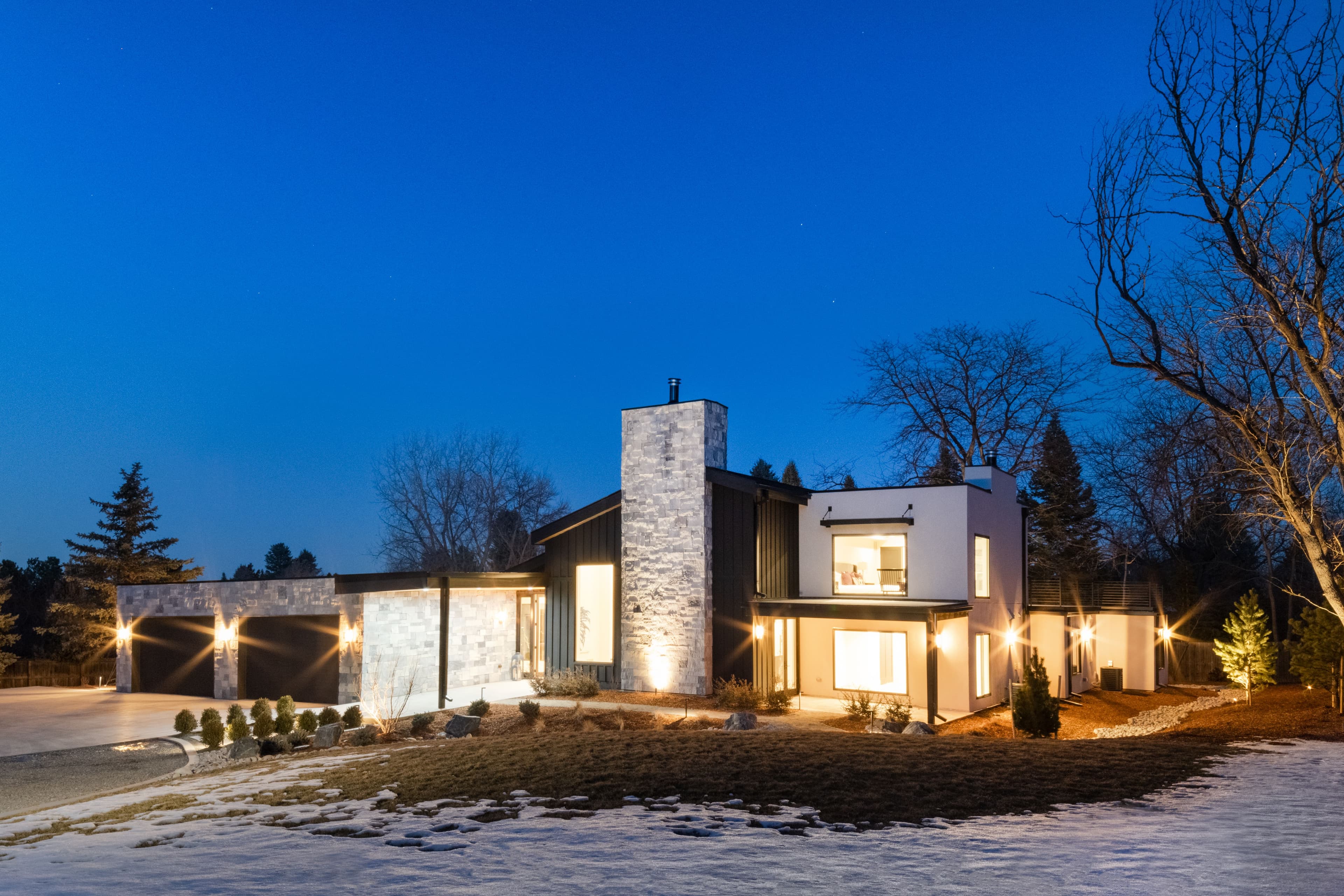 Modern home facade in the winter snow