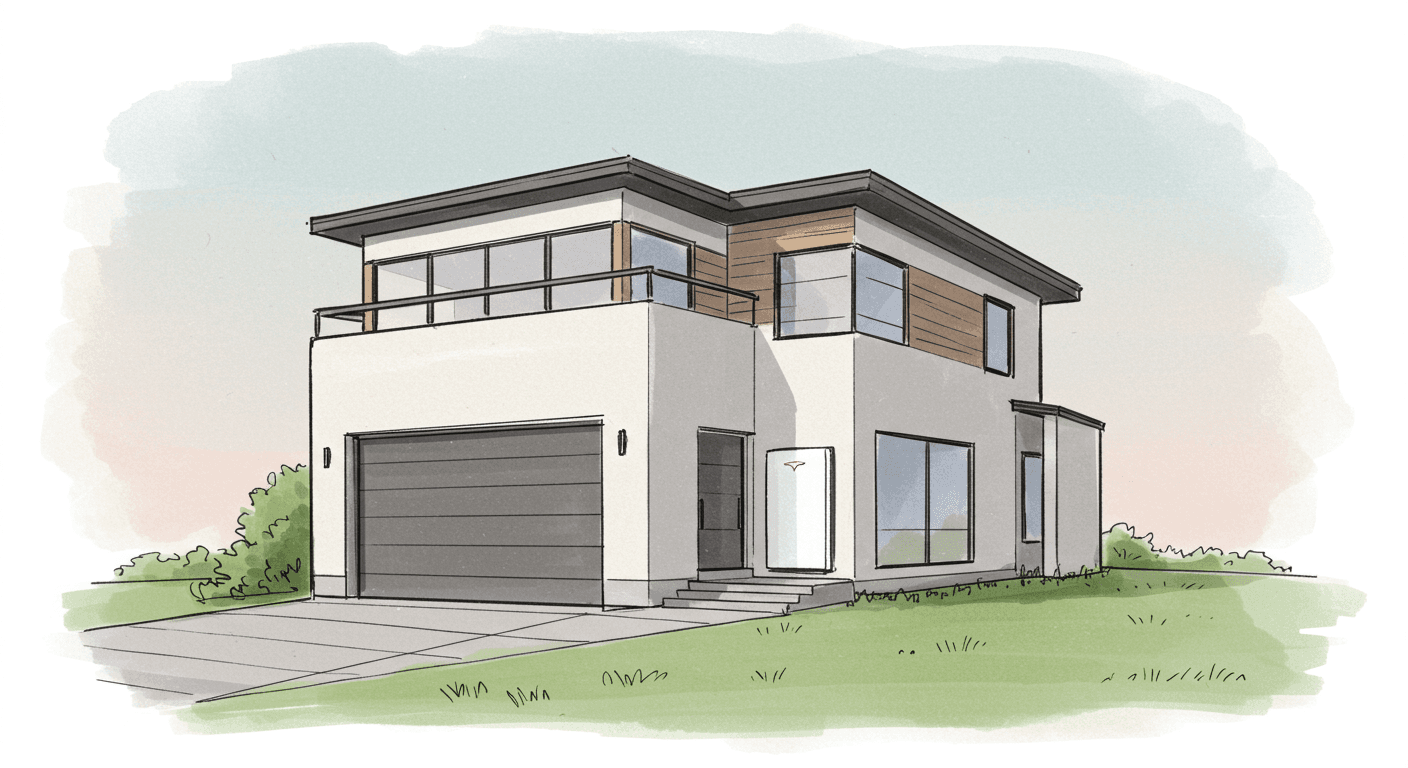 watercolor illustration of a house with a tesla powerwall