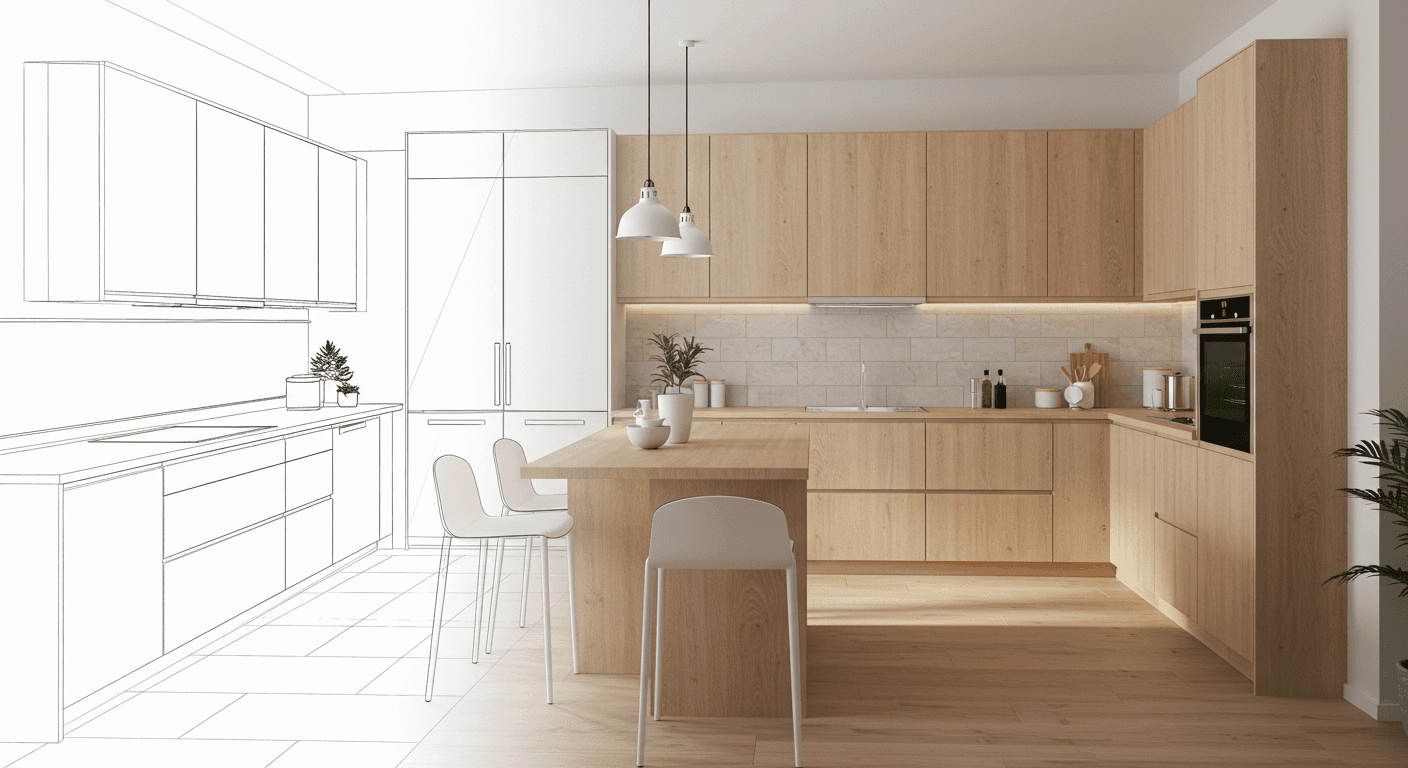 clean architectural blueprint to a sleek, minimal finished kitchen